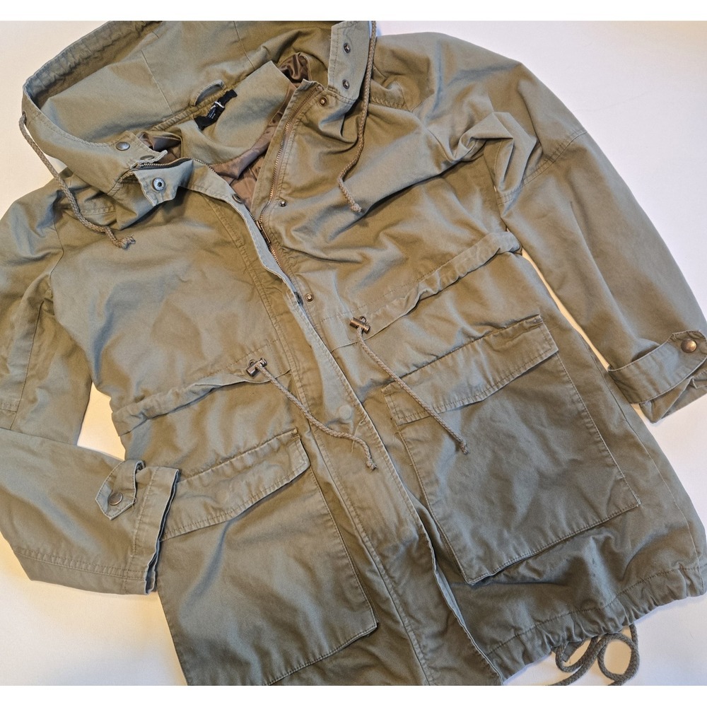 Forever 21 Mid Length Full Zip Jacket w/ Hood Olive Army Green Adult Womens Sz L